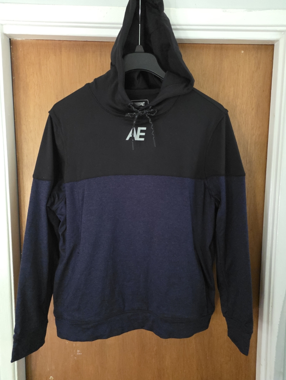Vintage Men's American Eagle Flex Hoodie Sweater Color Block Black Blue Large